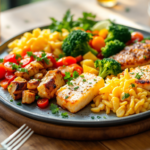 Plats rapides au four variés présentés sur une plaque familiale