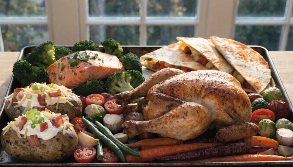 Plats rapides au four variés présentés sur une plaque familiale