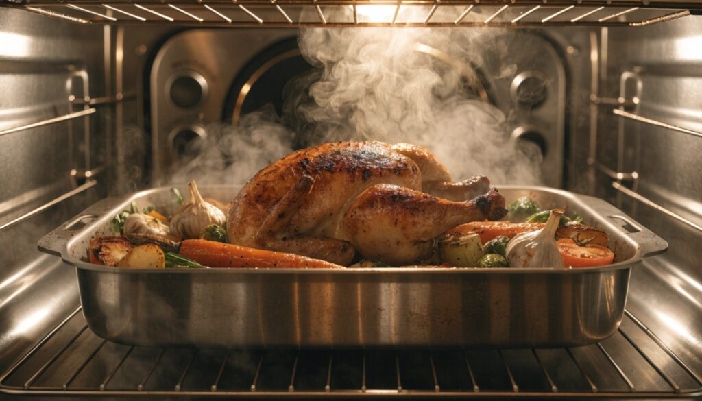 Cuisson d’un plat rapide au four avec poulet et légumes