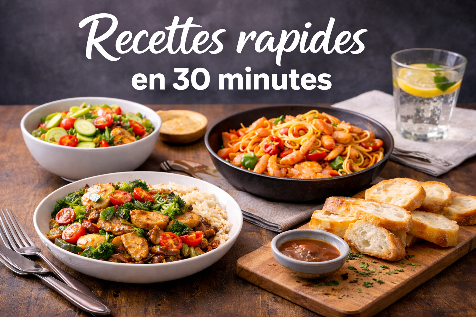Recettes rapides en 30 minutes prêtes à être servies sur une table moderne