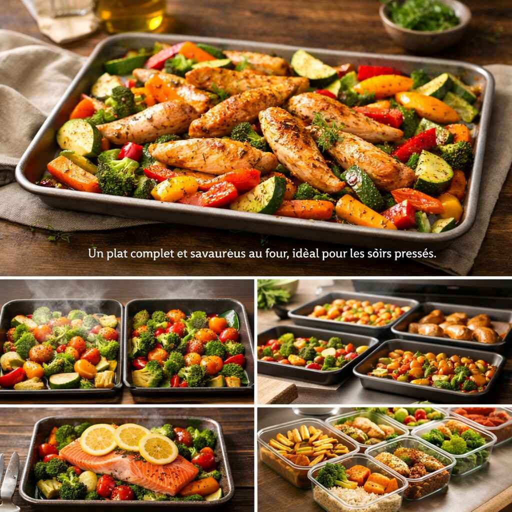 Plats rapides au four avec poulet et légumes rôtis sur une plaque