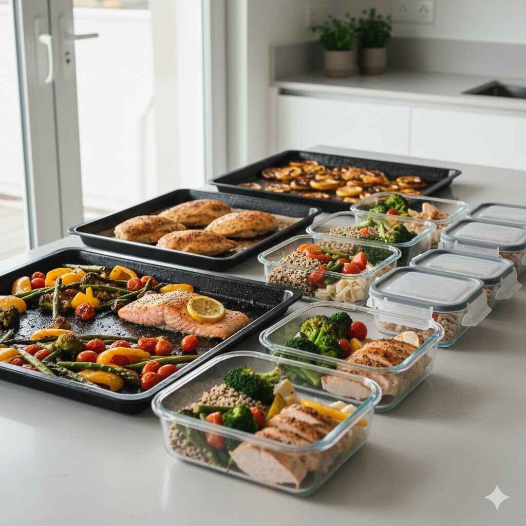 Batch cooking au four avec légumes et protéines rôtis