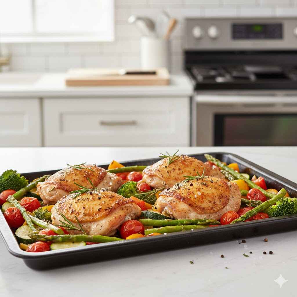 Poulet et légumes rôtis express sur une seule plaque