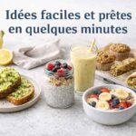 Petit-déjeuner rapide avec toast avocat, smoothie banane, overnight oats, chia pudding et muffins pour des idées faciles prêtes en quelques minutes.