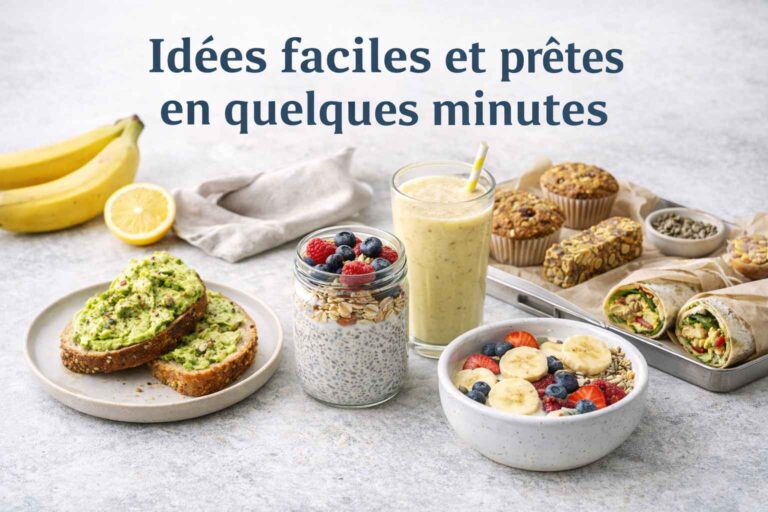 Petit-déjeuner rapide avec toast avocat, smoothie banane, overnight oats, chia pudding et muffins pour des idées faciles prêtes en quelques minutes.