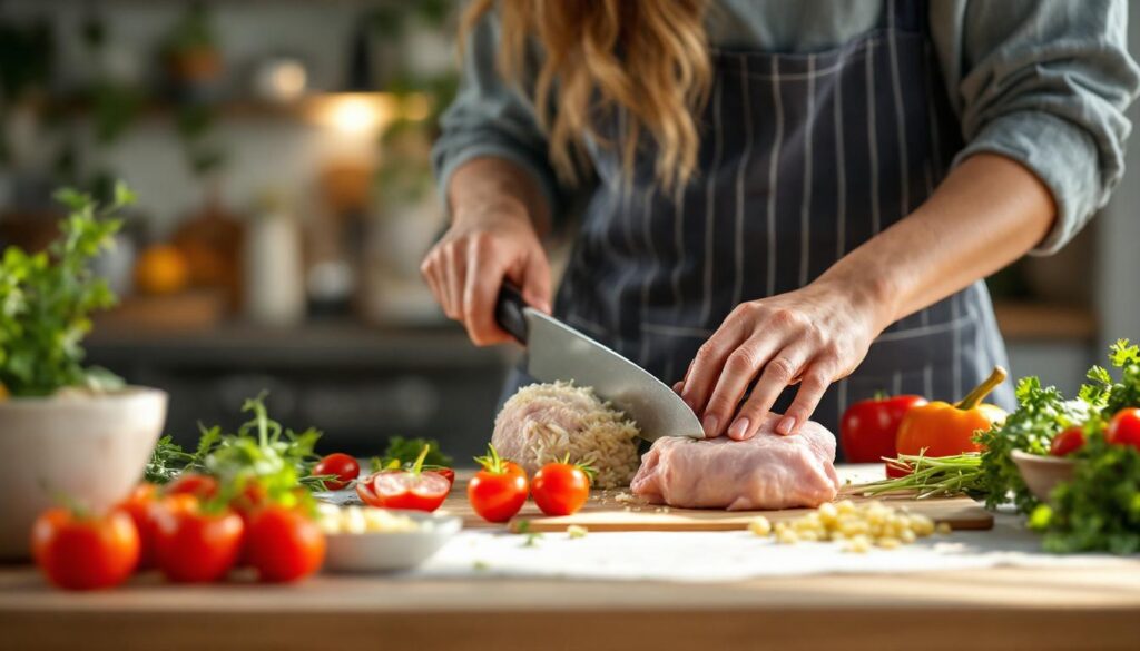 Préparation d’un dîner rapide en cuisine avec légumes et poulet