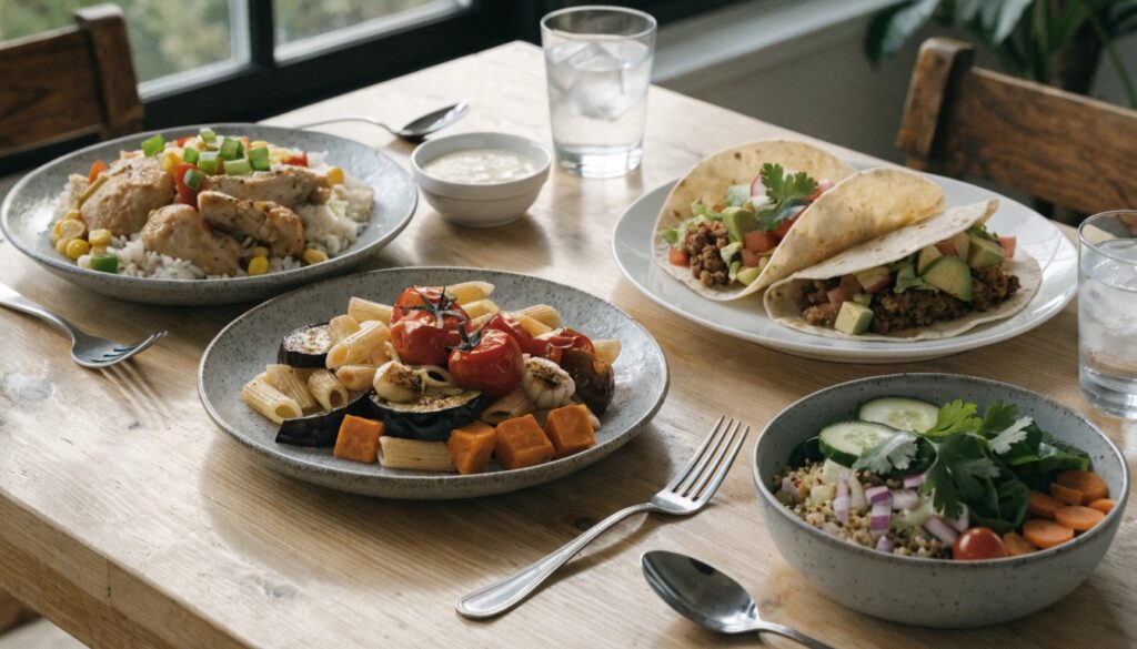 Préparation d’un dîner rapide en cuisine avec légumes et poulet
