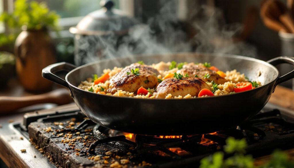 Poêlée complète poulet riz légumes en cuisson pour dîner rapide