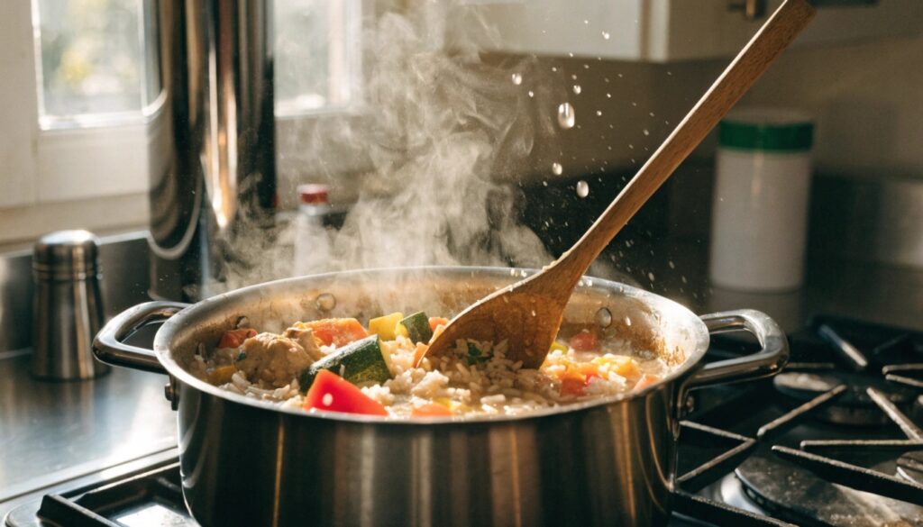Cuisson d’un repas complet en une seule casserole avec riz et poulet