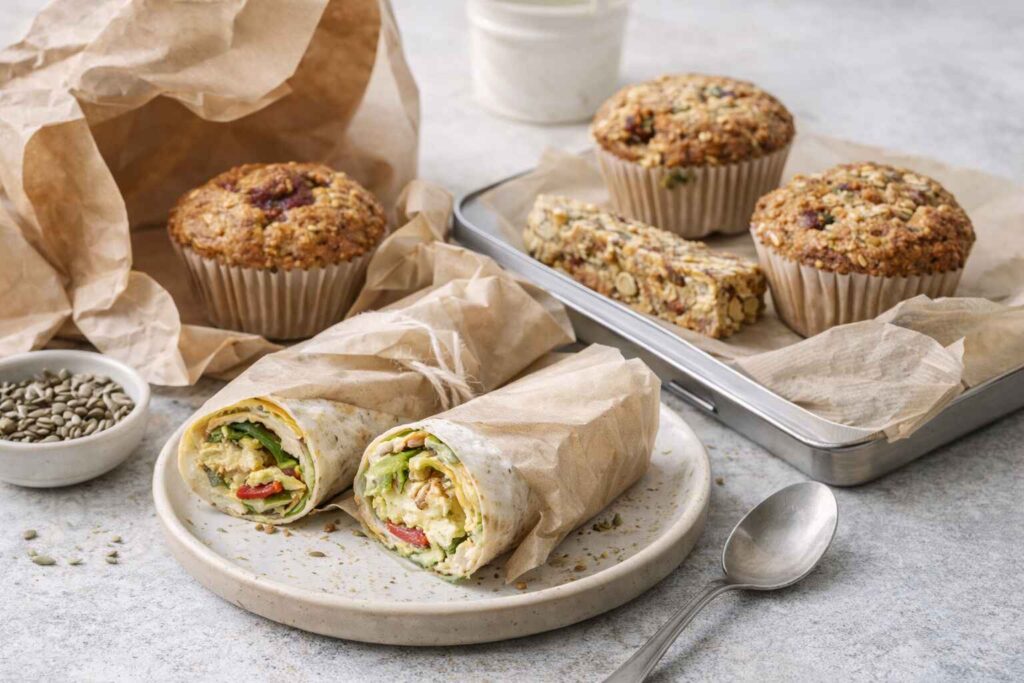 Muffins, wrap petit-déjeuner et barres maison prêts à emporter.