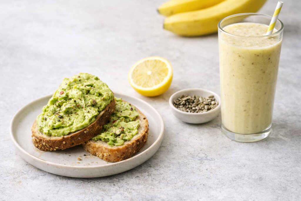Toast avocat et smoothie banane prêts en quelques minutes.