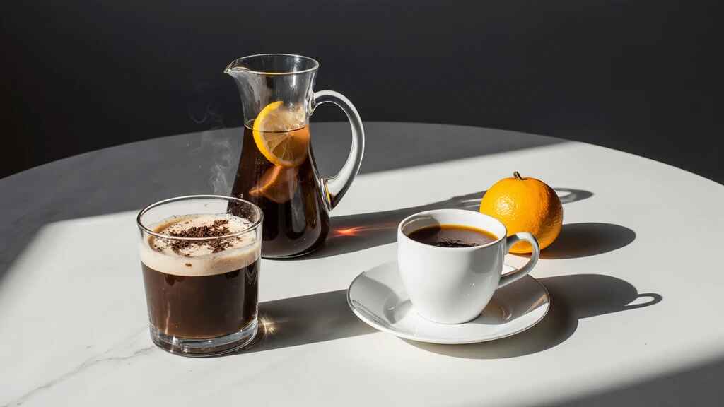 Chocolat chaud, café glacé et jus maison pour accompagner un petit-déjeuner gourmand.