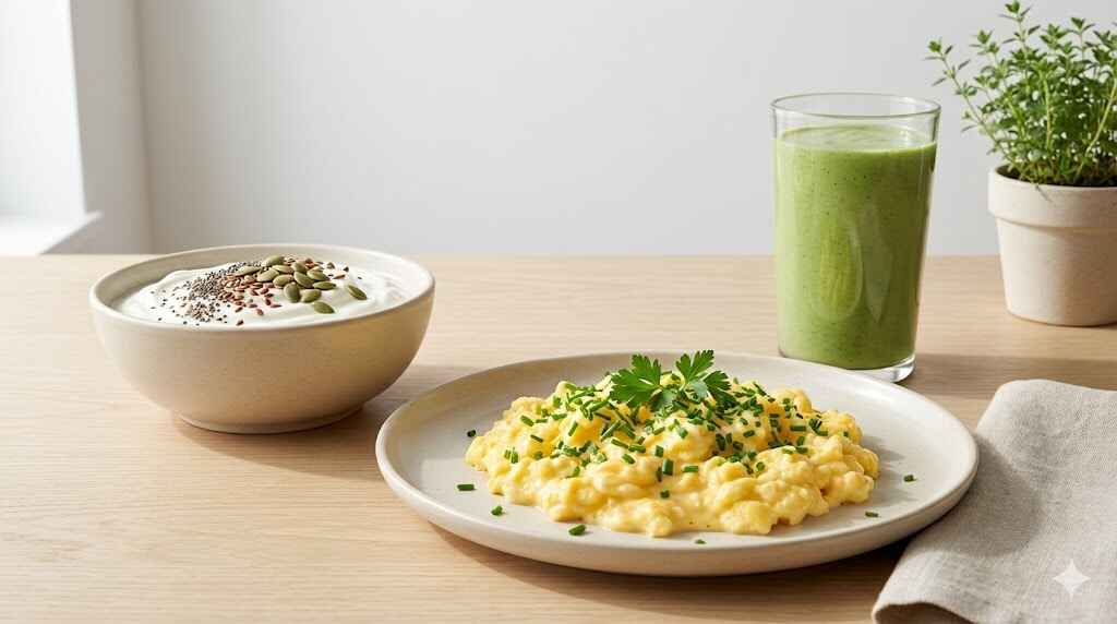 Petit-déjeuner protéiné avec œufs brouillés, yaourt aux graines et smoothie maison.