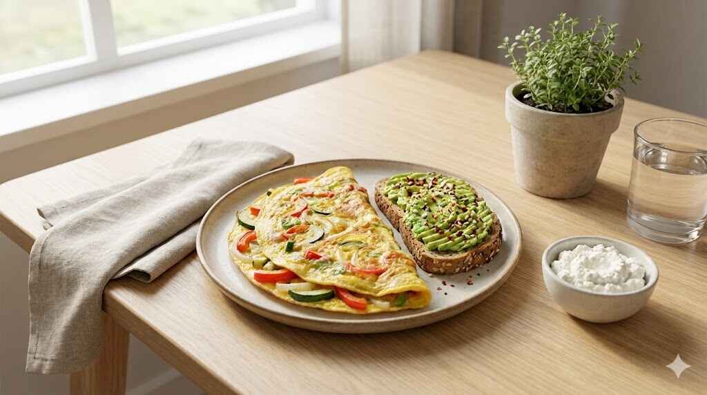 Petit-déjeuner sans sucre avec omelette aux légumes, toast avocat et fromage frais.