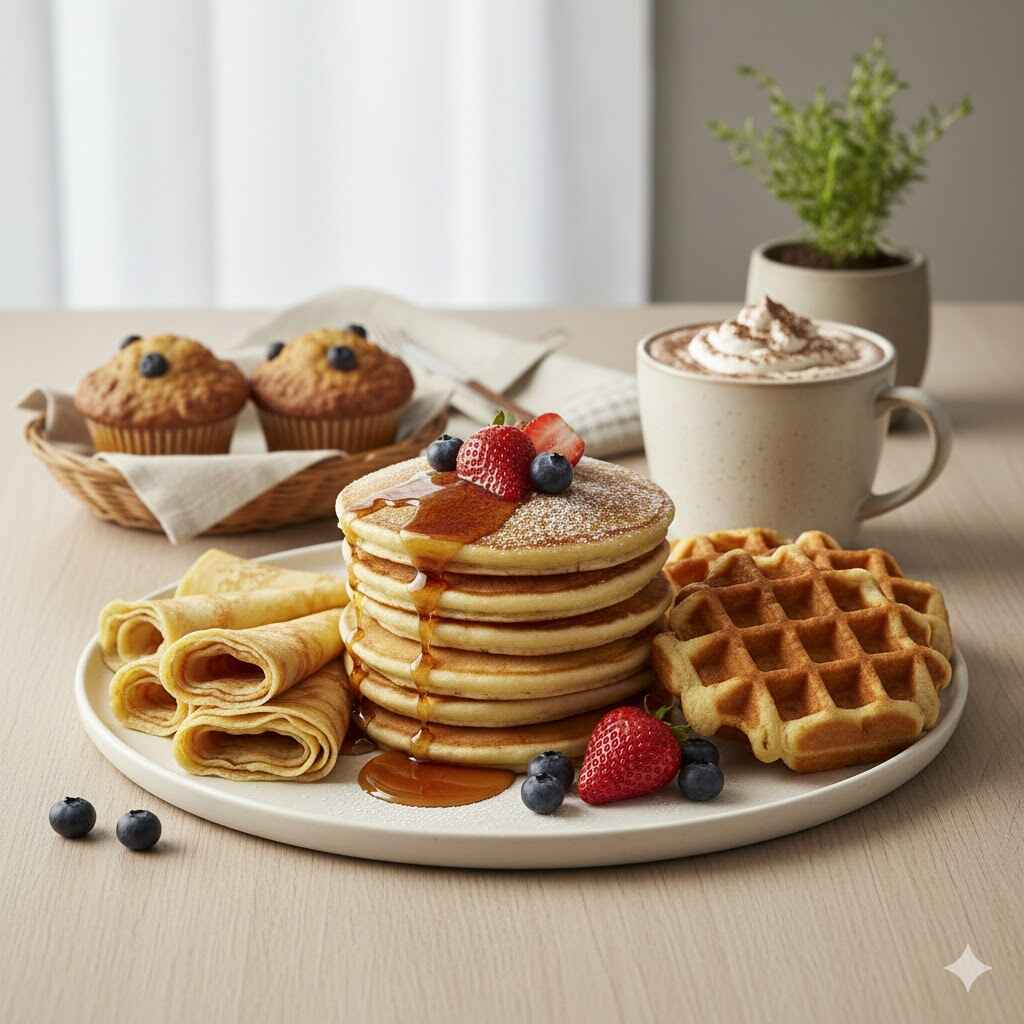 Petit-déjeuner gourmand avec pancakes, crêpes, gaufres et chocolat chaud sur table lumineuse.