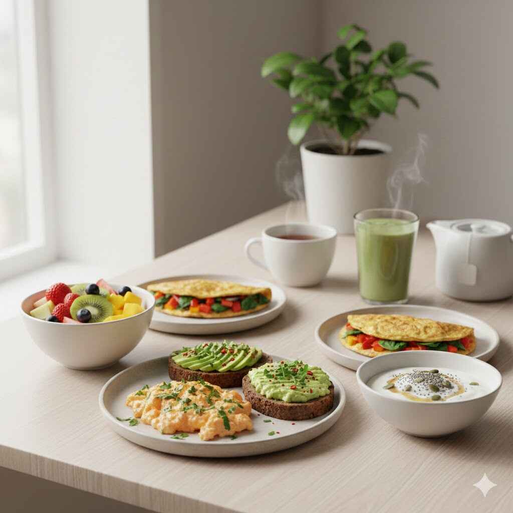 Petit-déjeuner sain avec œufs brouillés, toast avocat, fruits frais, yaourt nature et smoothie protéiné.