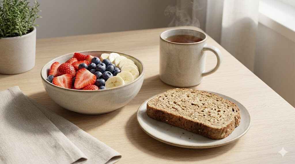Petit-déjeuner léger avec fruits frais, pain complet et tasse de thé.