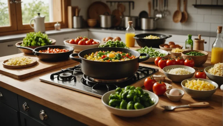 Recettes 3 ingrédients simples et économiques — œufs, légumes et féculents sur une table de cuisine