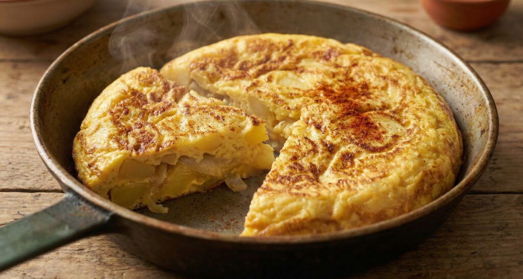 Omelette aux pommes de terre dorée dans une poêle, recette économique inspirée de la tortilla espagnole
