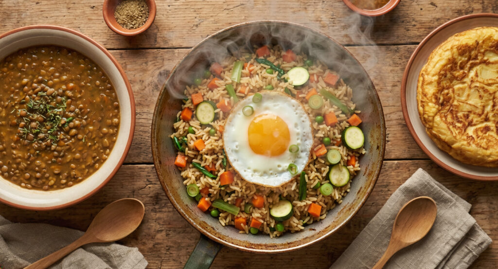 Poêle de riz sauté aux légumes avec œuf, recette à moins de 2 $ par portion
