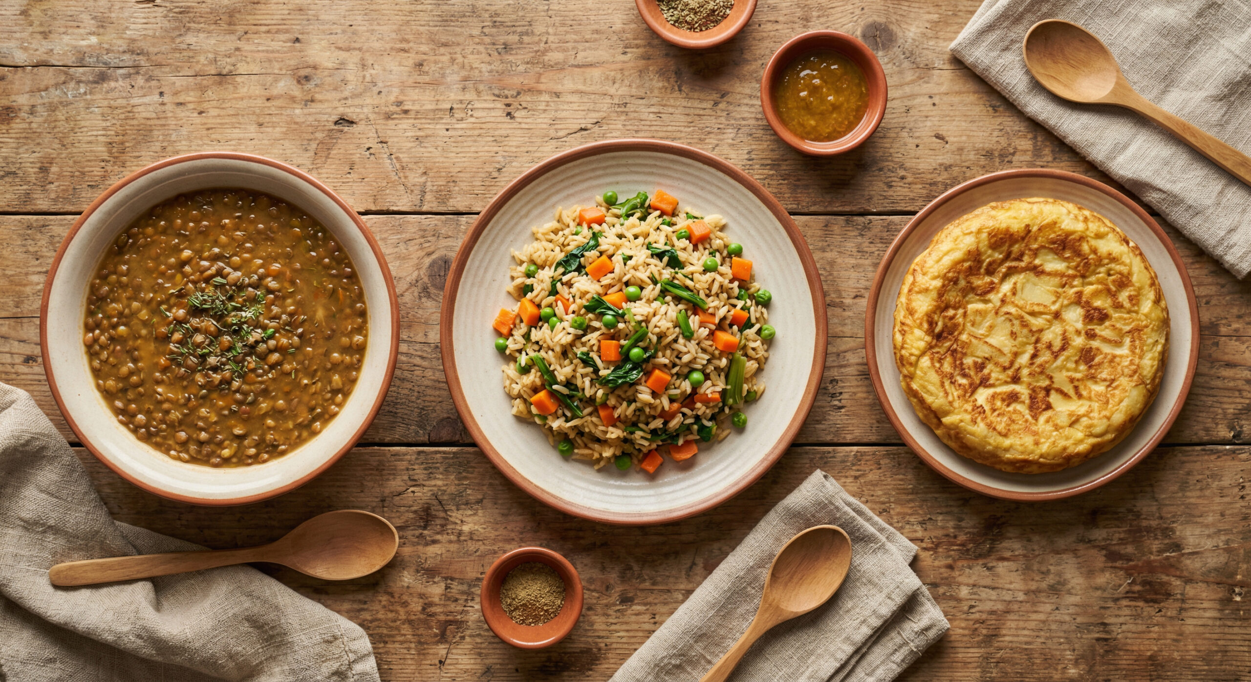 Trois repas à moins de 5 $ : soupe de lentilles, riz aux légumes et omelette aux pommes de terre