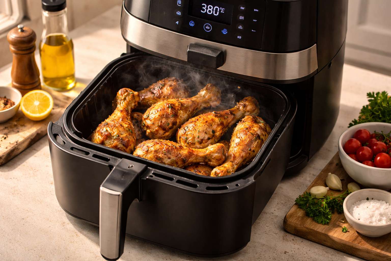 Friteuse à air ouverte avec des pilons de poulet croustillants dorés dans le panier