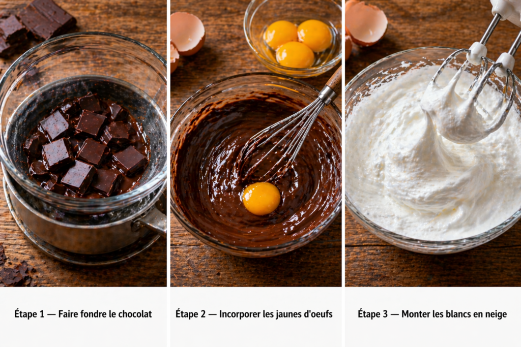 Ingrédients pour mousse au chocolat facile avec chocolat, œufs et crème