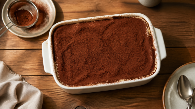 Tiramisu facile maison dans un plat rectangulaire saupoudré de cacao Titre : Tiramisu facile maison