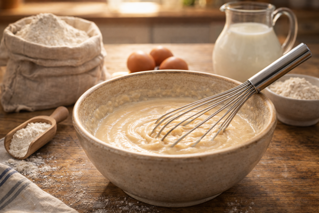 Préparation de la pâte à crêpes maison avec farine, œufs et lait