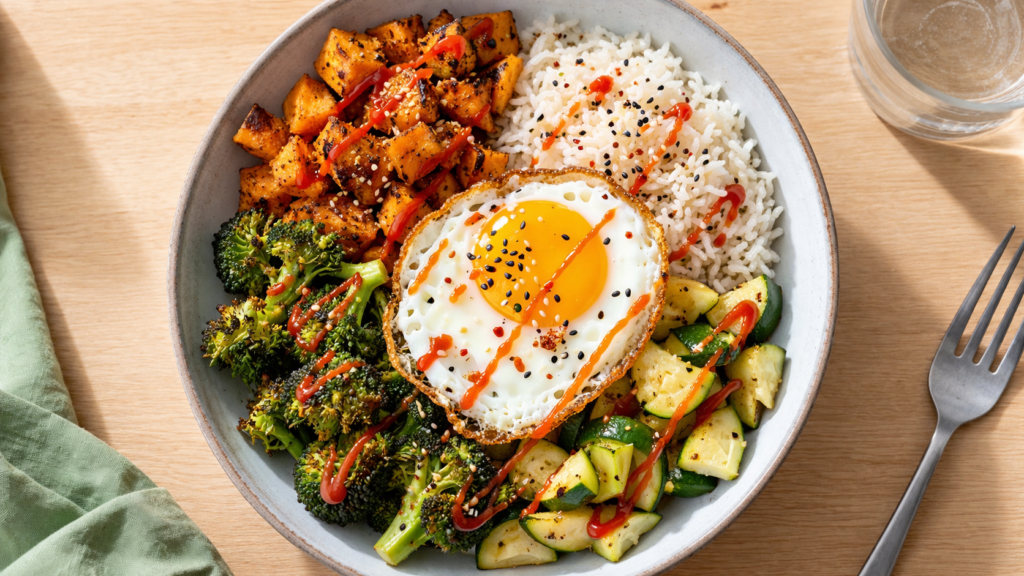 Bol de riz aux légumes rôtis et œuf au plat pour un souper végétarien facile et complet