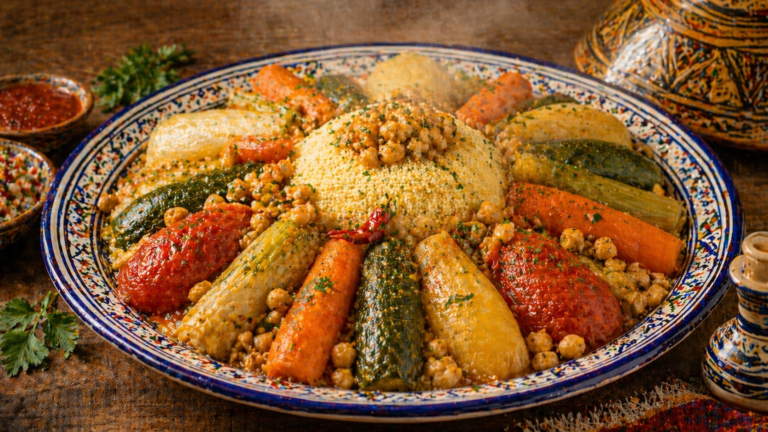 Couscous marocain aux légumes, pois chiches et merguez dans un grand bol traditionnel