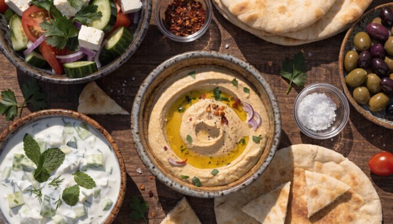 Table méditerranéenne avec houmous, pain pita, salade grecque, tzatziki et olives