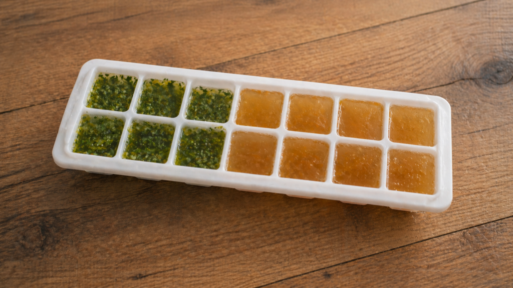 Bacs à glaçons remplis de cubes d'herbes à l'huile et de bouillon concentré maison