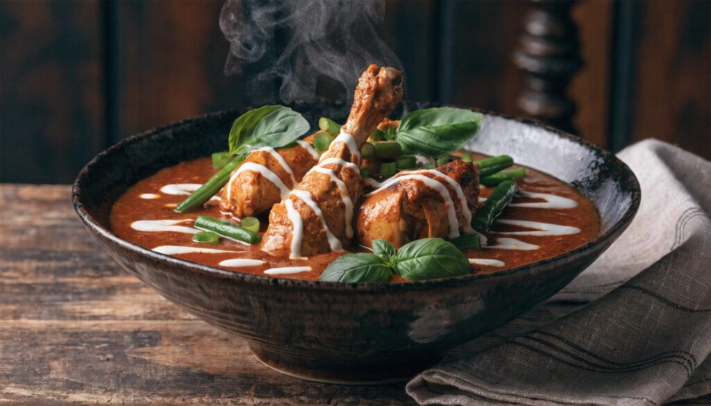 Curry thaïlandais rouge au lait de coco avec poulet et légumes verts dans un bol en céramique sombre