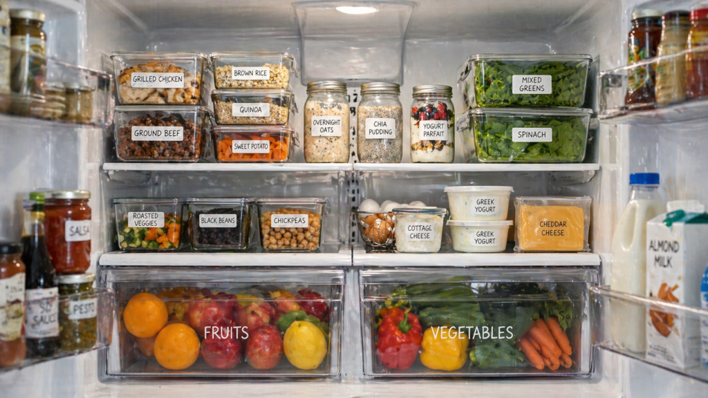 Réfrigérateur bien organisé avec contenants étiquetés et aliments rangés dans les bonnes zones