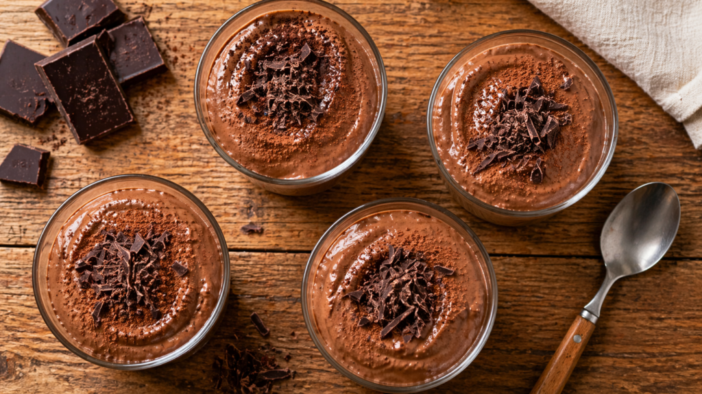 Mousse au chocolat onctueuse en verrine avec cacao et copeaux de chocolat