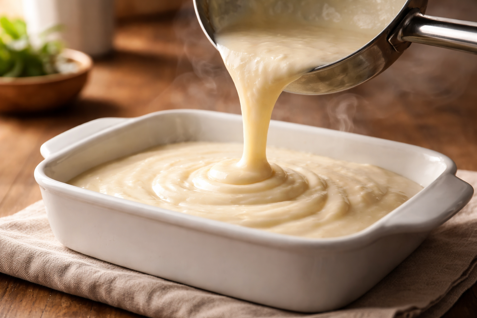 Sauce béchamel crémeuse versée dans un plat, lumière naturelle