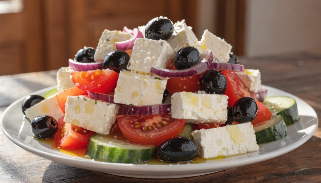 Salade grecque généreuse avec gros morceaux de tomates, feta émiettée, olives Kalamata et filet d'huile d'olive