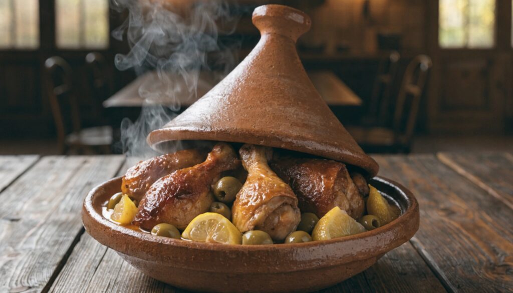 Tajine de poulet au citron confit et olives vertes dans une cocotte, vapeur et lumière chaude