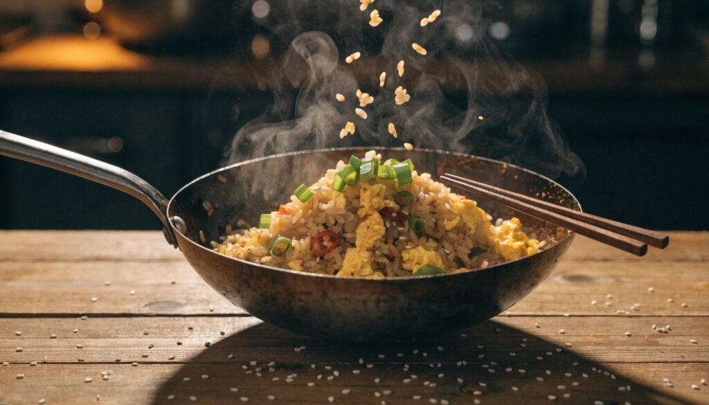 Riz sauté à l'asiatique dans un wok avec oeufs brouillés, oignons verts et sauce soja