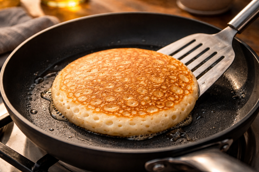 Crêpe en cuisson dans une poêle avec texture dorée et bulles