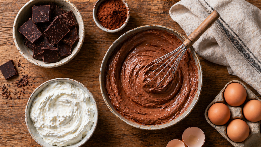 Ingrédients pour mousse au chocolat facile avec chocolat, œufs et crème