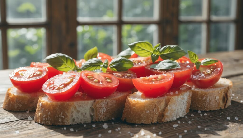 Bruschetta italienne avec tomates fraîches et basilic sur pain rustique grillé