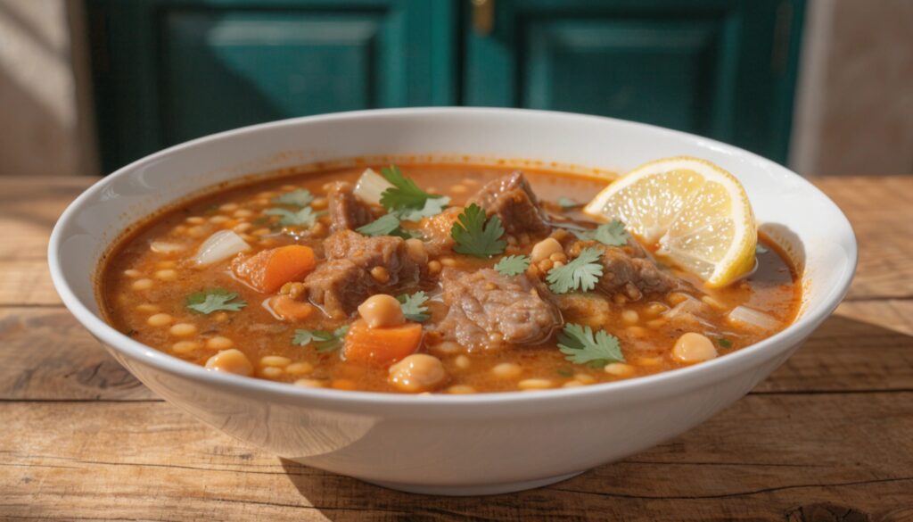 Soupe harira marocaine dans un bol blanc avec quartier de citron et coriandre fraîche