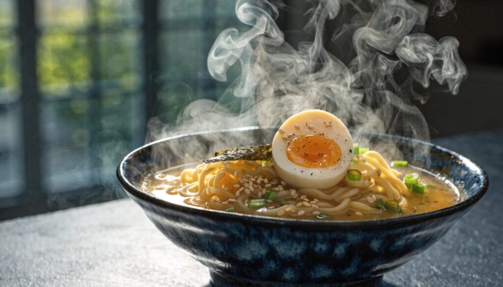 Soupe ramen maison avec oeuf mollet, bouillon doré, oignons verts et algues nori dans un bol en céramique