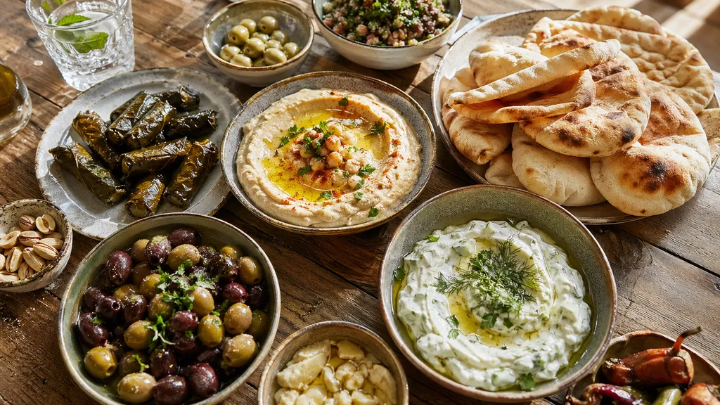 Mezze méditerranéen avec houmous, pain pita, olives et tzatziki sur table en bois