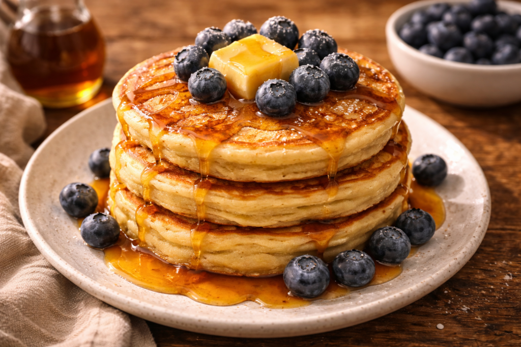 Pile de crêpes moelleuses au babeurre avec sirop d'érable et bleuets frais