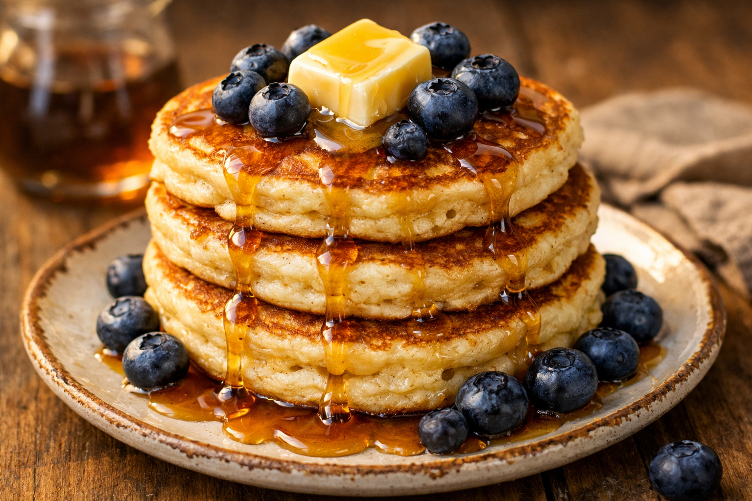 Pile de crêpes moelleuses avec sirop d’érable et bleuets frais