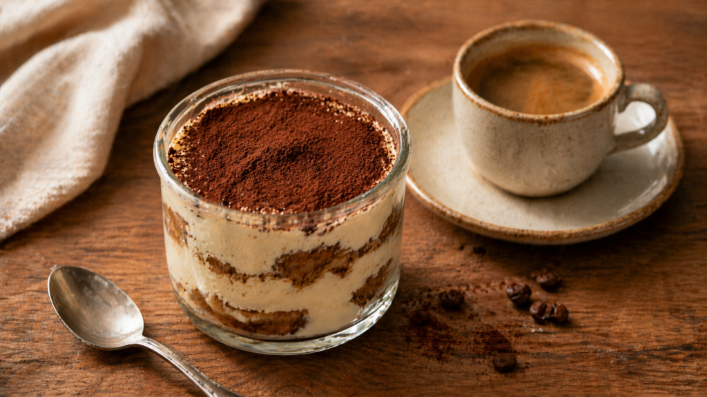 Portion de tiramisu maison en verrine avec cacao et café