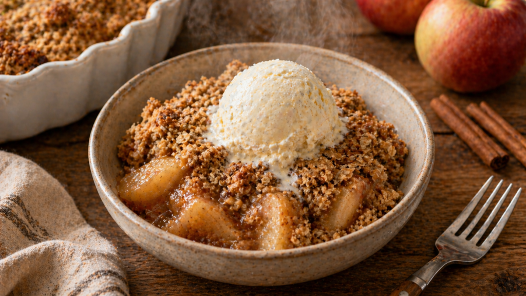 Bol de crumble aux pommes chaud avec boule de crème glacée à la vanille